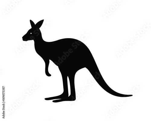 Elegant black silhouette of a kangaroo standing on white background image