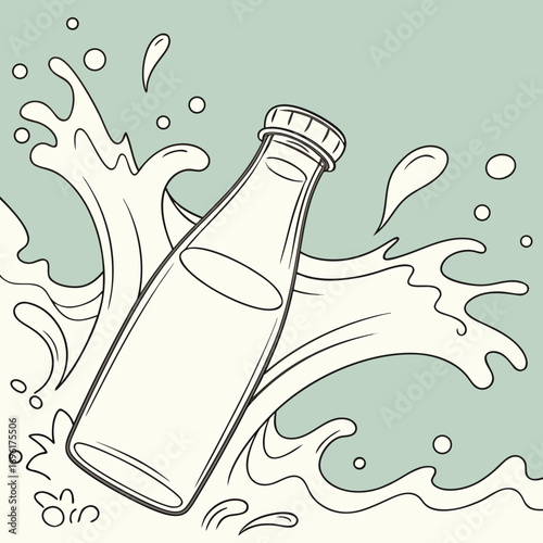 Dynamic vector illustration of a milk bottle with a vibrant splash effect showcasing freshness and liquid motion