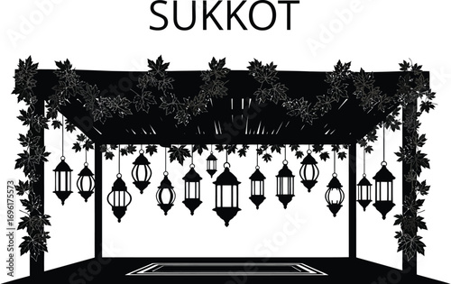 Silhouette of a sukkah decorated with lanterns, symbolizing the jewish festival of sukkot