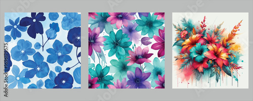 Vibrant abstract floral designs featuring blue and mixed color flower arrangements