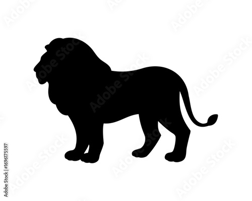 Powerful male lion silhouette with majestic mane, black on white background
