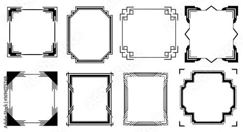 A diverse set of eight black Art Deco frames and borders. These vintage geometric designs from the roaring twenties are ideal for elegant projects.