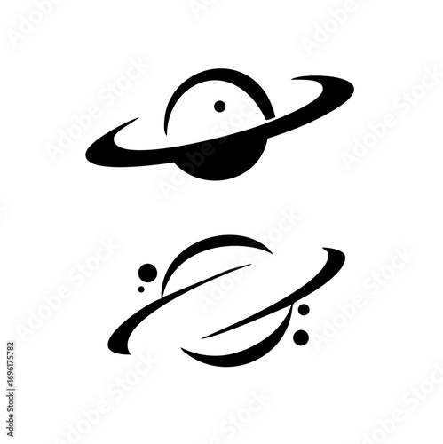 Minimalist black planet icons with rings, modern space design suitable for logo, branding, and vector illustration.