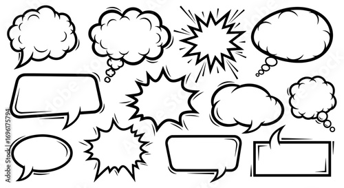 Set of empty comic speech bubbles, thought clouds, and explosion shapes. Blank black and white pop art templates for dialogue, communication, or exclamations.