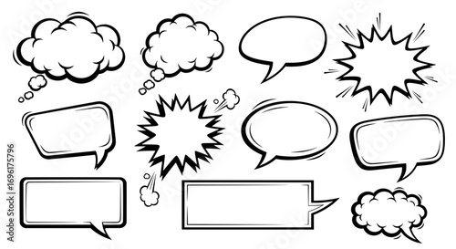 Collection of various blank comic speech and thought bubbles. Pop art style explosion and dialogue box elements for cartoon communication and sound effects.