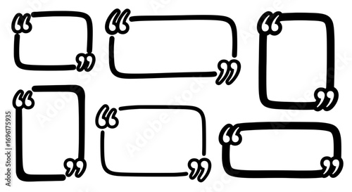 An isolated vector set of six doodle quote frames with creative quotation marks. Black ink sketch style is perfect for comments and social media posts.