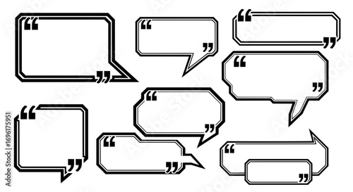 Set of geometric quote boxes and speech bubbles with a modern, futuristic design. Black double-line frames are isolated for placing text, comments, or data.