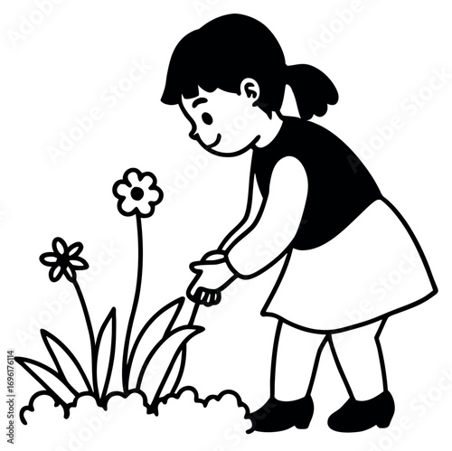 A young girl joyfully picks colorful flowers in a vibrant garden scene