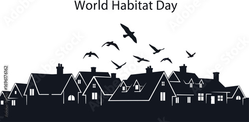 Silhouette of houses with birds flying above, commemorating world habitat day