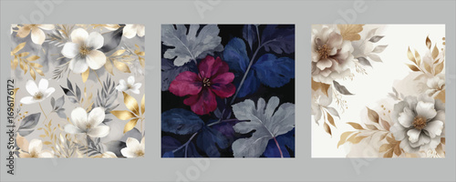 Three distinct floral arrangements featuring soft pastel and rich red hues providing elegant decoration