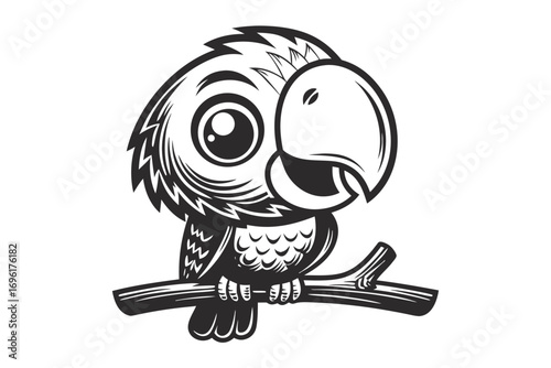 Cartoon Parrot on Branch with Open Beak and Eye Patch, White Background