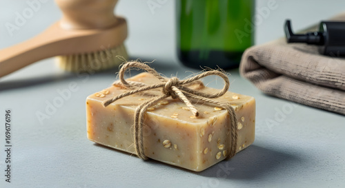 Eco-friendly oatmeal soap bar tied with twine and brush creating serene self-care scene