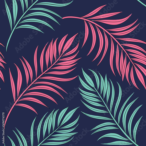 Tropical seamless pattern of lush green palm leaves in a repeating botanical design