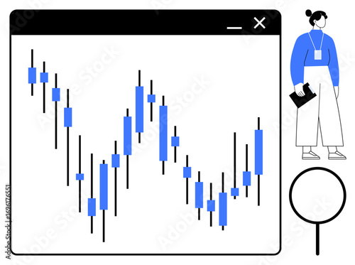 Candlestick chart window with fluctuating bars, woman holding tablet, and magnifying glass. Ideal for finance, data analysis, business strategy, investment, market study, research simple flat