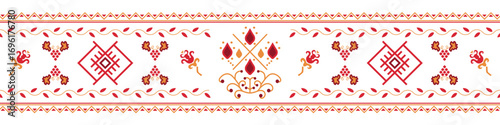 Divider with the red graphic Slavic ornaments, Ukrainian decorative art, ornaments with symbols and abstract elements. Vector abstract ethnic pattern art.