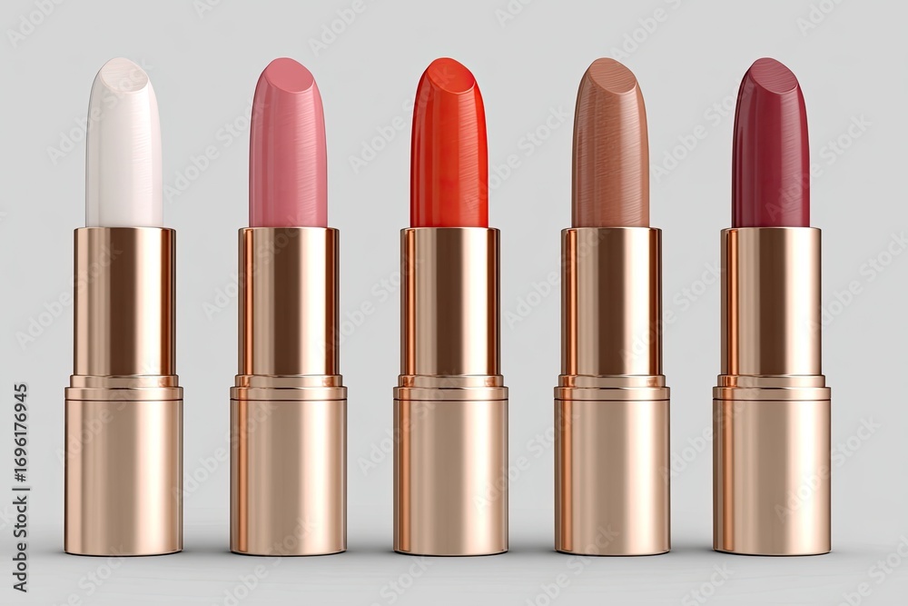 Fototapeta premium Five lipsticks in various shades, displayed in a row against a light gray background. Each lipstick has a rose gold colored casing