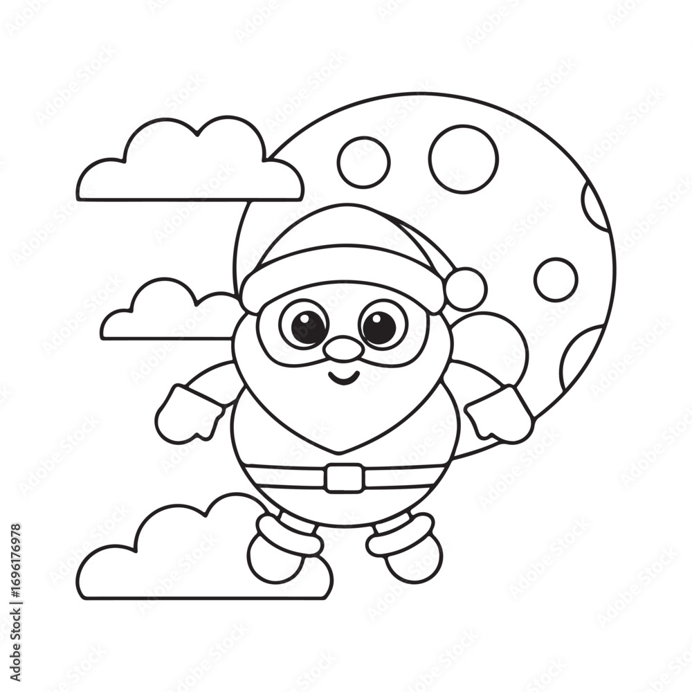Fototapeta premium Cartoon Santa Claus flying in the sky with clouds and a large moon christmas