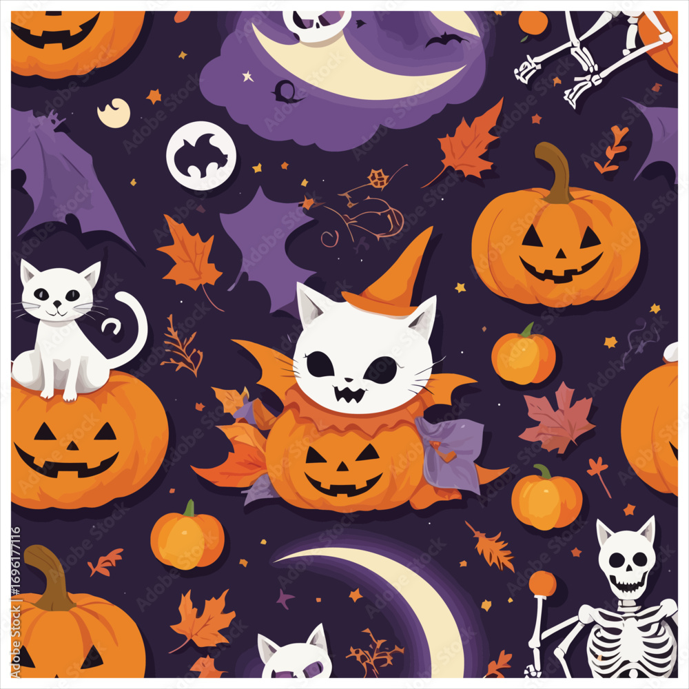 Fototapeta premium Whimsical halloween scene with cute cats pumpkins skeletons and moon