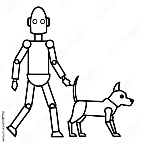 Black and white line art of a robot walking a dog