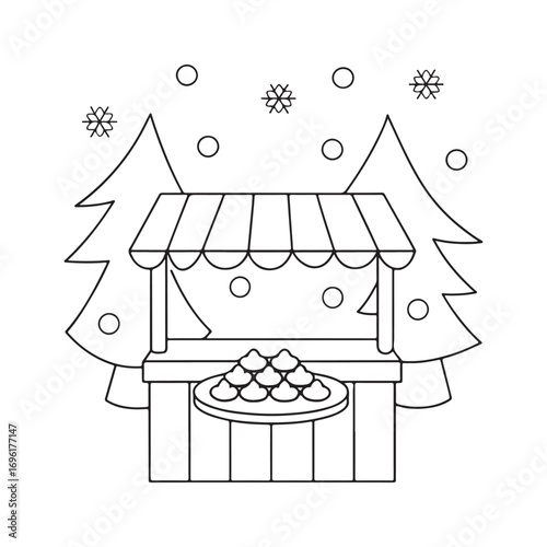 Festive winter market stall with trees and falling snow christmas