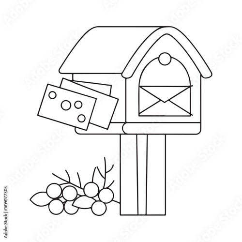 Black and white illustration of a mailbox with letters and berries post delivery