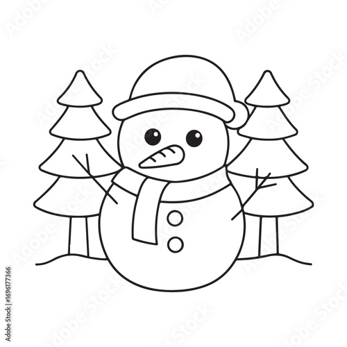 Cartoon Snowman with Carrot Nose and Trees Outline Drawing winter christmas