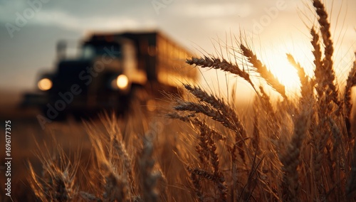 Golden wheat field at sunset with a truck in the background
