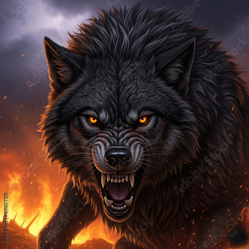 Fierce black African wolf with glowing eyes roaring face amidst flames