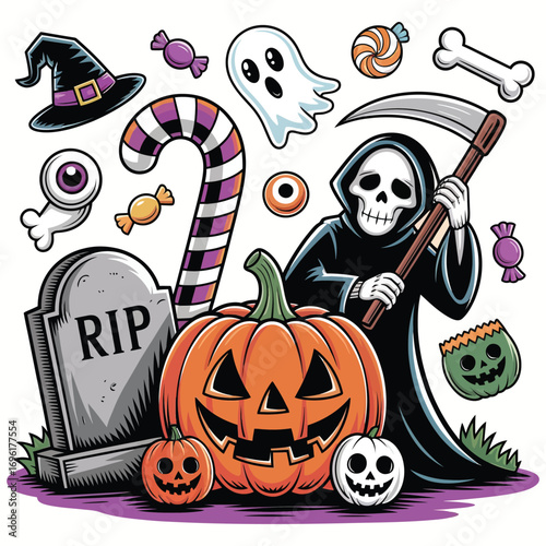 Spooky halloween elements including grim reaper candy corn pumpkin tombstone ghost and more