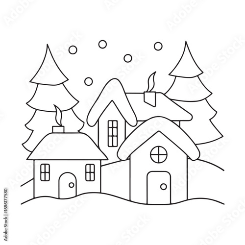 Simple Outline Drawing of a Snowy Village with Christmas Trees and Falling Snow winter
