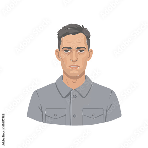 Serious Man Portrait Illustration, Grey Shirt, Facial Expression, Isolated on White