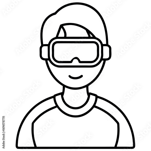 Black and white illustration of a person wearing a virtual reality headset