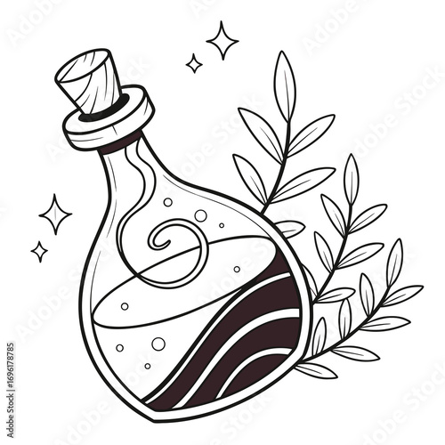 Minimalist vector illustration of a magical potion bottle with a fantasy liquid and swirling vapor perfect for game assets or branding