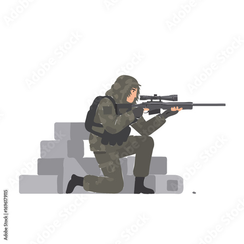 Sniper Soldier in Camouflage Aiming Rifle, Military Combat Illustration