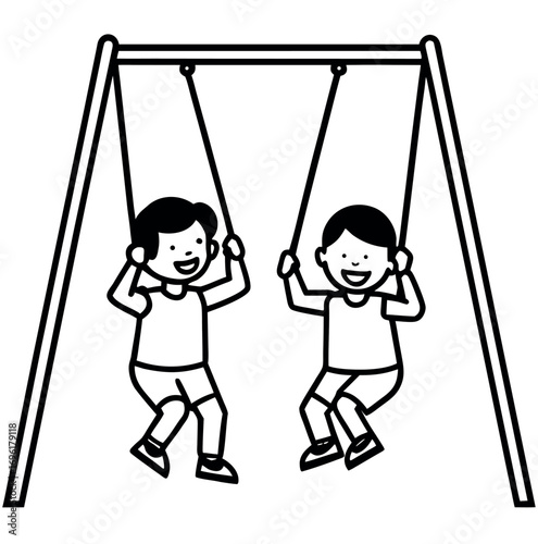 Children happily playing on a swing set in a black and white illustration