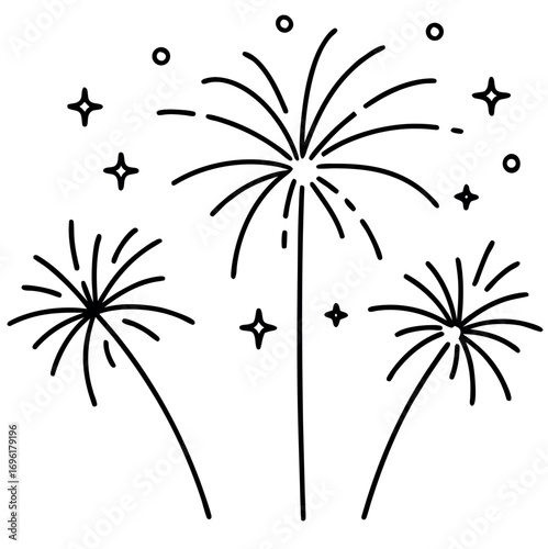 Black and white fireworks exploding in the night sky for new year celebrations