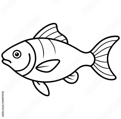 Black and white line art illustration of fish swimming in a pond