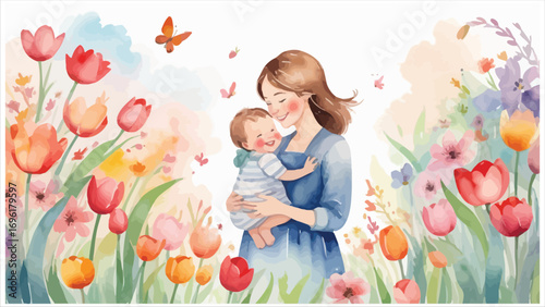 Mother holding child amongst vibrant spring tulips and butterflies gentle watercolor art