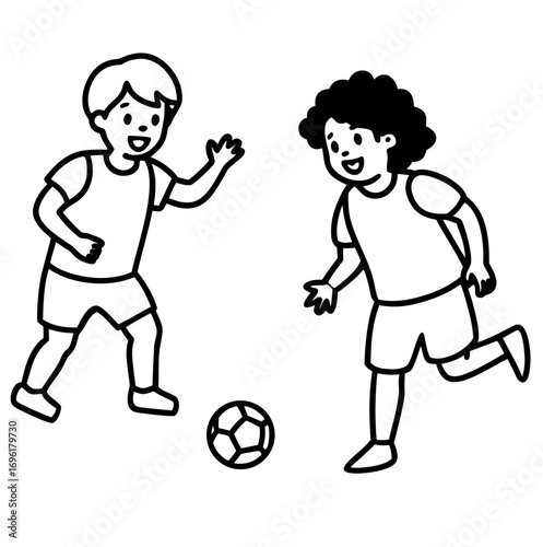 Children playing a game of football on a grassy field in a black and white illustration