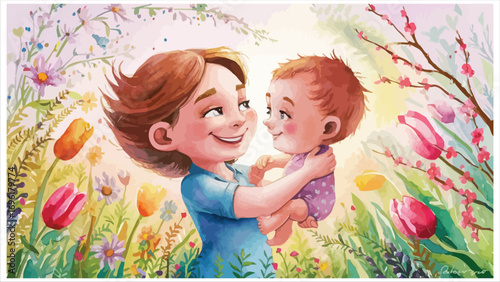 Joyful mother embraces beloved baby amidst blooming spring tulips and sunshine