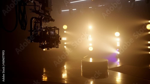 Professional camera and stabilizer rig hanging on a crane in a dark and foggy studio, with bright golden spotlights illuminating the empty stage, conveying cinematic production