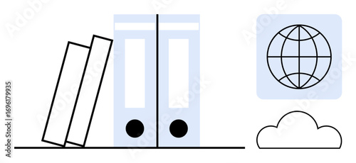 Books leaning beside vertical folders, a cloud icon, and a globe image suggesting digital storage, global access, knowledge management. Ideal for education, organization, cloud storage, global
