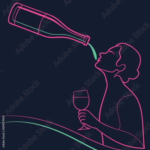 Abstract glowing neon silhouette of a wine bottle with vibrant color accents and a modern design feel