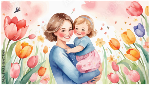 Mother holds child tenderly amidst blooming tulips a heartwarming springtime scene