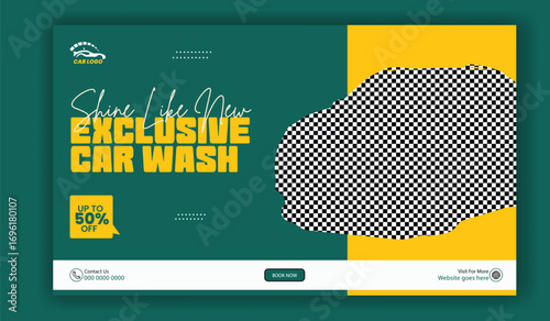Exclusive car wash service advertisement with a sparkling clean luxury vehicle and special offer