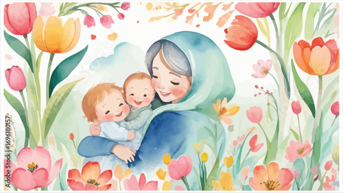 Mother embracing children tenderly amidst blooming spring tulips watercolor art