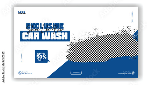 Exclusive car wash service offer with 50 percent discount on a shiny blue sports car