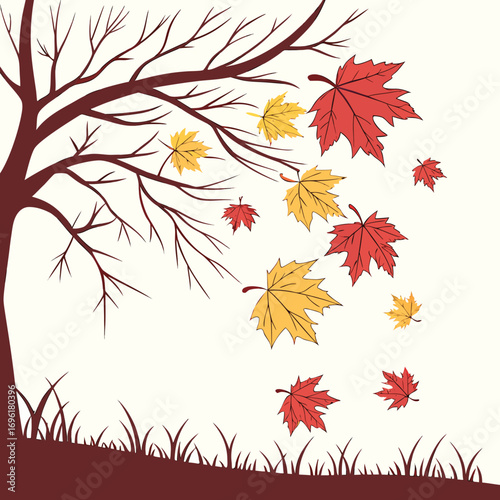 Minimalist silhouette of falling autumn leaves in various colors and grayscale