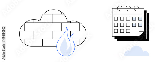 Brick-patterned cloud with fire representing firewall security and a nearby calendar. Ideal for cybersecurity, scheduling, data management, IT infrastructure, cloud protection, network safety, secure