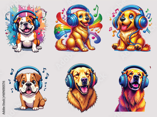 Adorable dogs wearing headphones enjoying music vibrant colors whimsical artwork